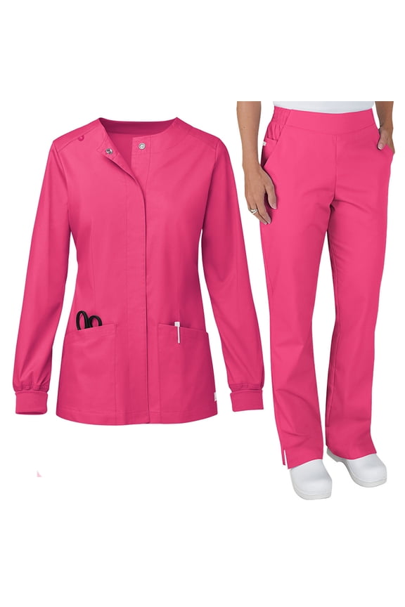 2 Piece Scrub Set for Women Comfortable Long Sleeve Scrub Top & Jogger Pant Stretch Nursing Scrubs Set Quick Dry Uniform Suits with Pockets Hot Pink XL