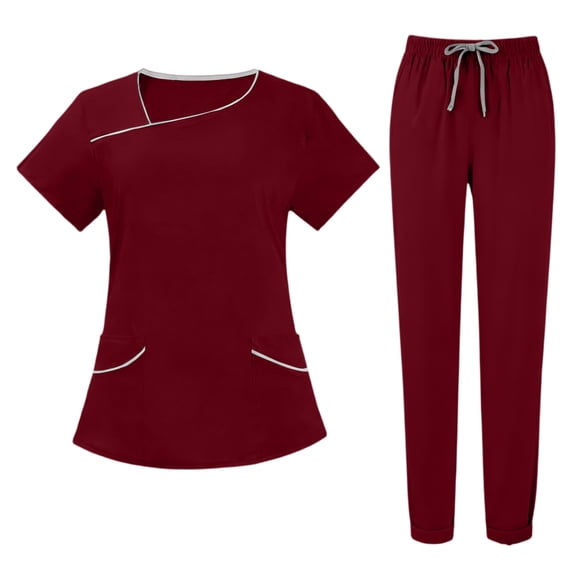 2 Piece Scrub Set for Women Comfortable V-Neck Scrub Top & Drawstring Jogger Pant Stretch Nursing Scrubs Set Quick Dry Medical Uniform Suits with Multi Pocket for Nurse Esthetician Wine S