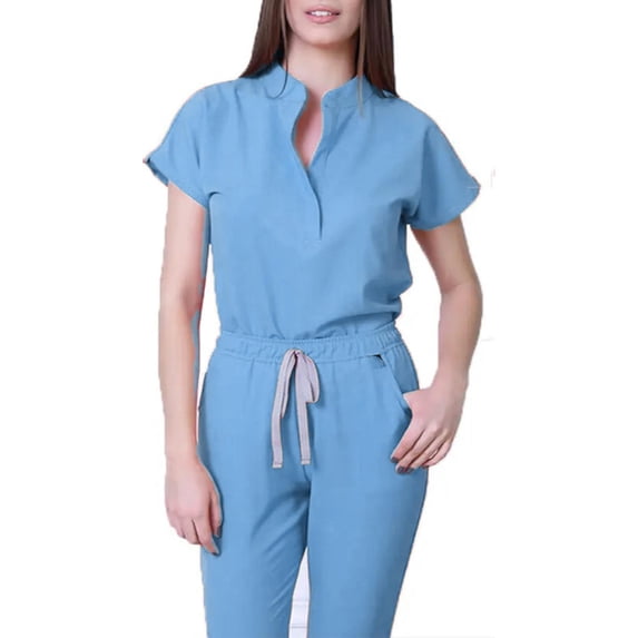 2 Piece Scrub Set for Women Comfortable V-Neck Scrub Top & Drawstring Jogger Scrub Pants Stretch Nursing Scrubs Set Quick Dry Uniform Suits with Multi Pocket for Nurse Esthetician Light Blue S