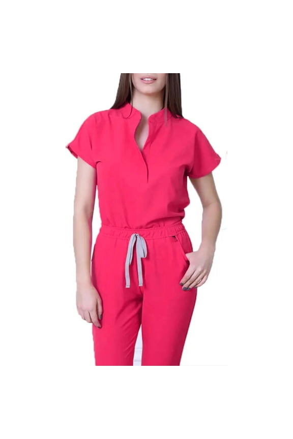 2 Piece Scrub Set for Women Spring Summer V-Neck Scrub Top & Jogger Scrub Pants Stretch Nursing Workwear Quick Dry Medical Working Uniforms with Multi Pocket for Nurse Esthetician Hot Pink S