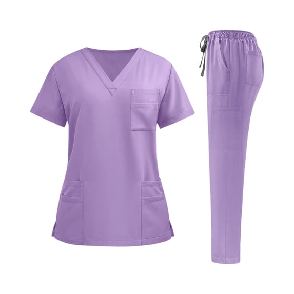 2 Piece Scrub Sets for Women Classic V-Neck Short Sleeve Top & Straight Leg Pants with Mult Pockets Cozy Nursing Scrubs