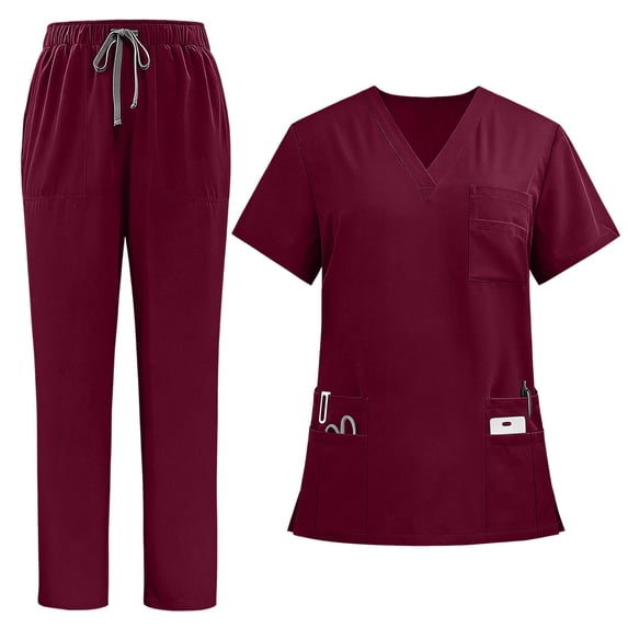 2 Piece Scrubs Set For Women V-Neck Scrub Shirts & Straight Leg Pants Nurse Workwear Medical Uniform Outfits With Multi Pockets
