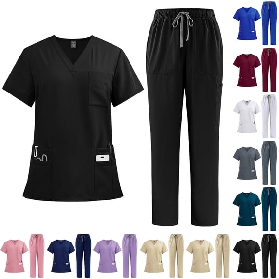 2 Piece Scrubs Sets For Women Medical V Neck Short Sleeve Top & Cargo Pants Nurse Uniform Workwear, #03 Black, M