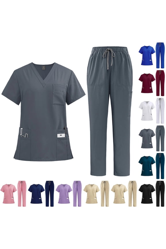 2 Piece Scrubs Sets For Women Medical V Neck Short Sleeve Top & Cargo Pants Nurse Uniform Workwear, #03 Dark Gray, M