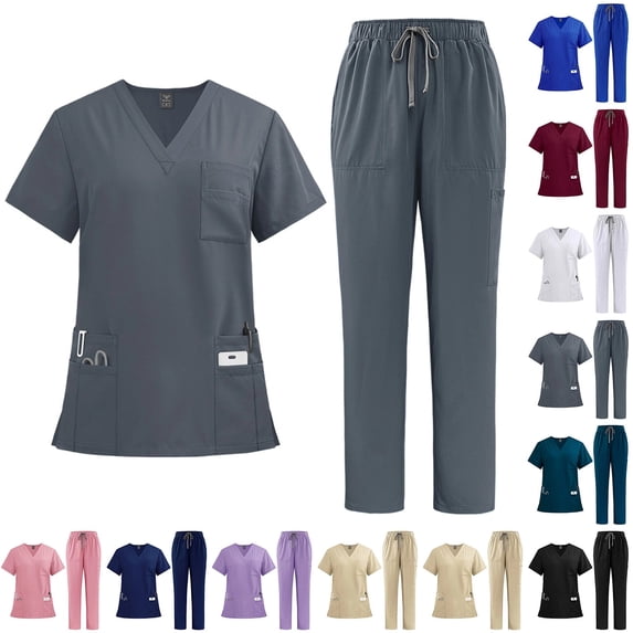 2 Piece Scrubs Sets For Women Medical V Neck Short Sleeve Top & Cargo Pants Nurse Uniform Workwear, #03 Dark Gray, S