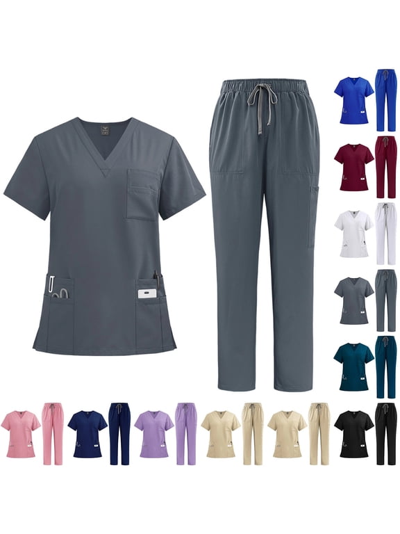 2 Piece Scrubs Sets For Women Medical V Neck Short Sleeve Top & Cargo Pants Nurse Uniform Workwear, #03 Dark Gray, XL