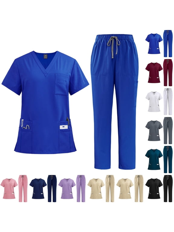 2 Piece Scrubs Sets For Women Medical V Neck Short Sleeve Top & Cargo Pants Nurse Uniform Workwear, #03 Royal Blue, L