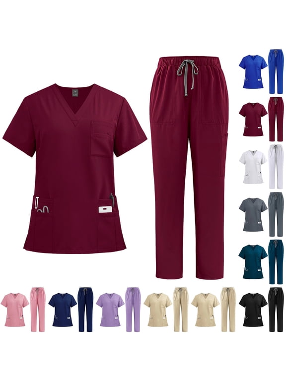 2 Piece Scrubs Sets For Women Medical V Neck Short Sleeve Top & Cargo Pants Nurse Uniform Workwear, #03 Wine, S