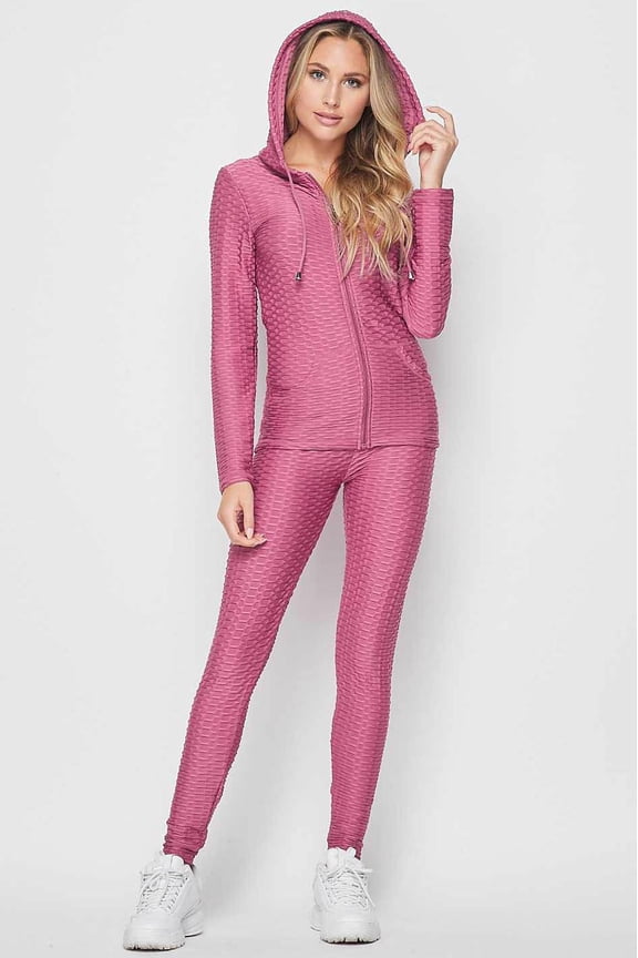 2 Piece Scrunch Butt Leggings and Hooded Jacket Set Mauve L/XL