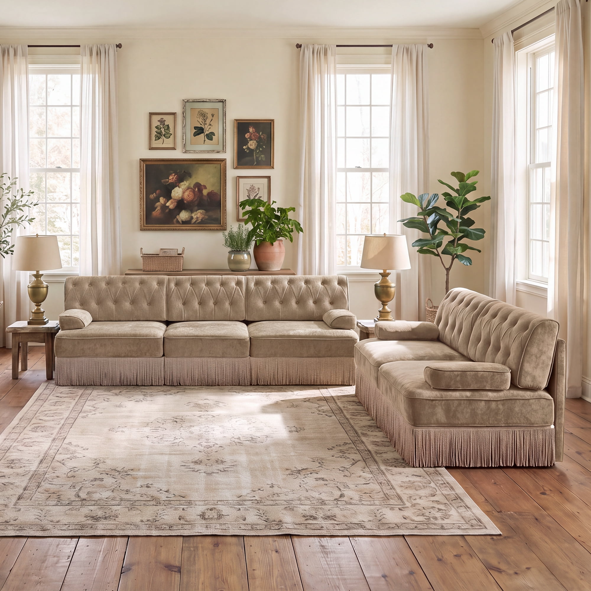 2‑Piece Sectional Sofa Set, 1 Pcs Loveseat & 1 Pcs 106" 3‑Seater Sofa Couch Set with Tassel Skirt