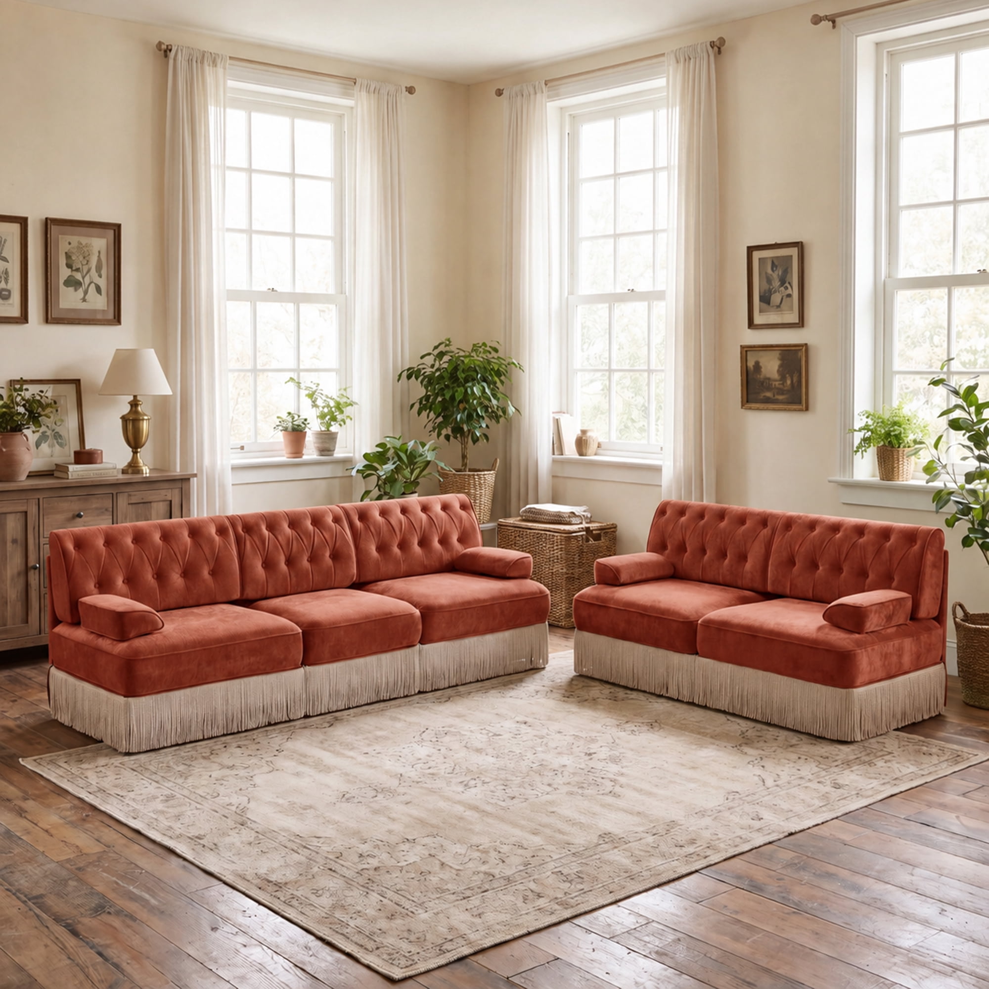 2‑Piece Sectional Sofa Set, 1 Pcs Loveseat & 1 Pcs 106" 3‑Seater Sofa Couch Set with Tassel Skirt