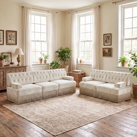 2‑Piece Sectional Sofa Set, 1 Pcs Loveseat & 1 Pcs 106" 3‑Seater Sofa Couch Set with Tassel Skirt