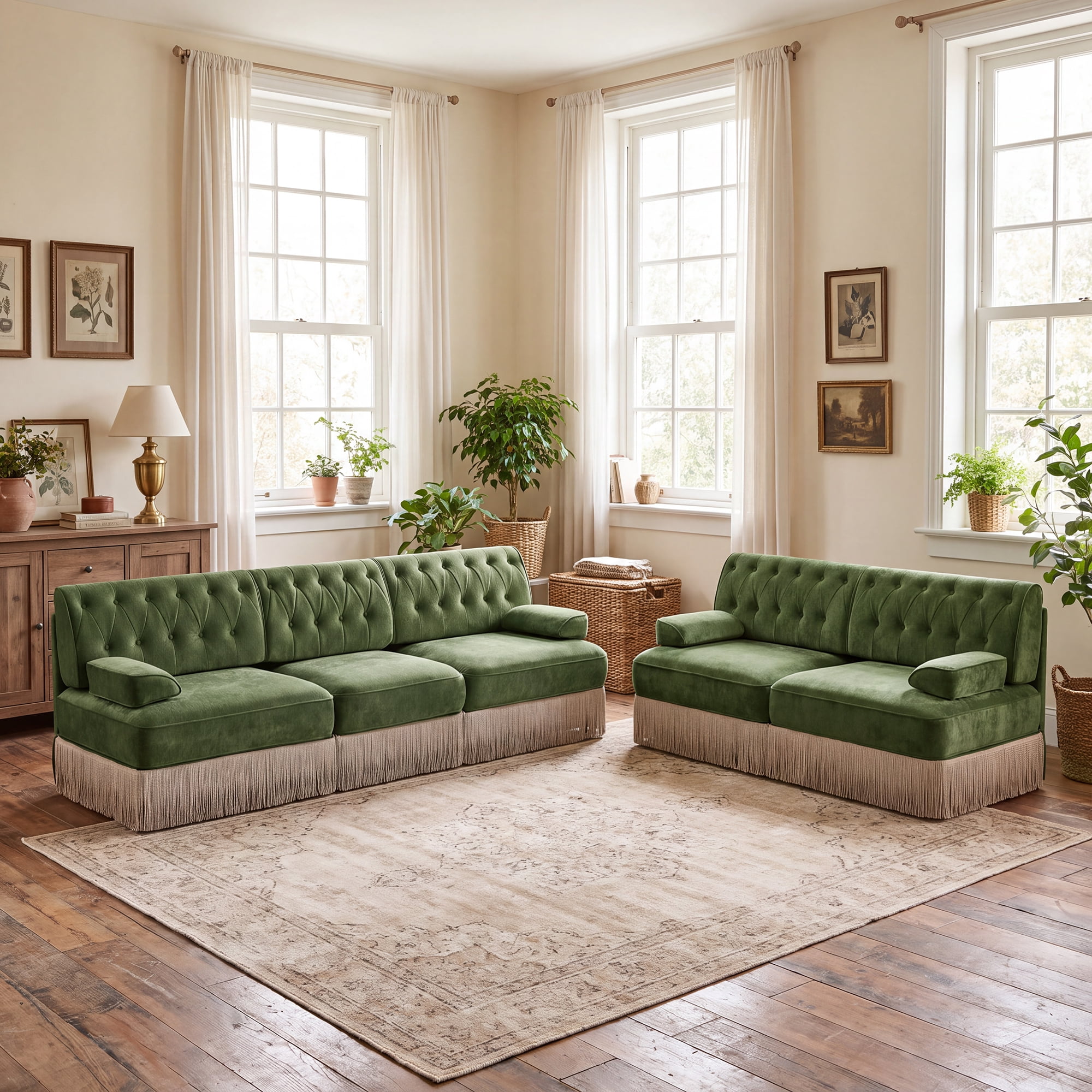 2‑Piece Sectional Sofa Set, 1 Pcs Loveseat & 1 Pcs 106" 3‑Seater Sofa Couch Set with Tassel Skirt