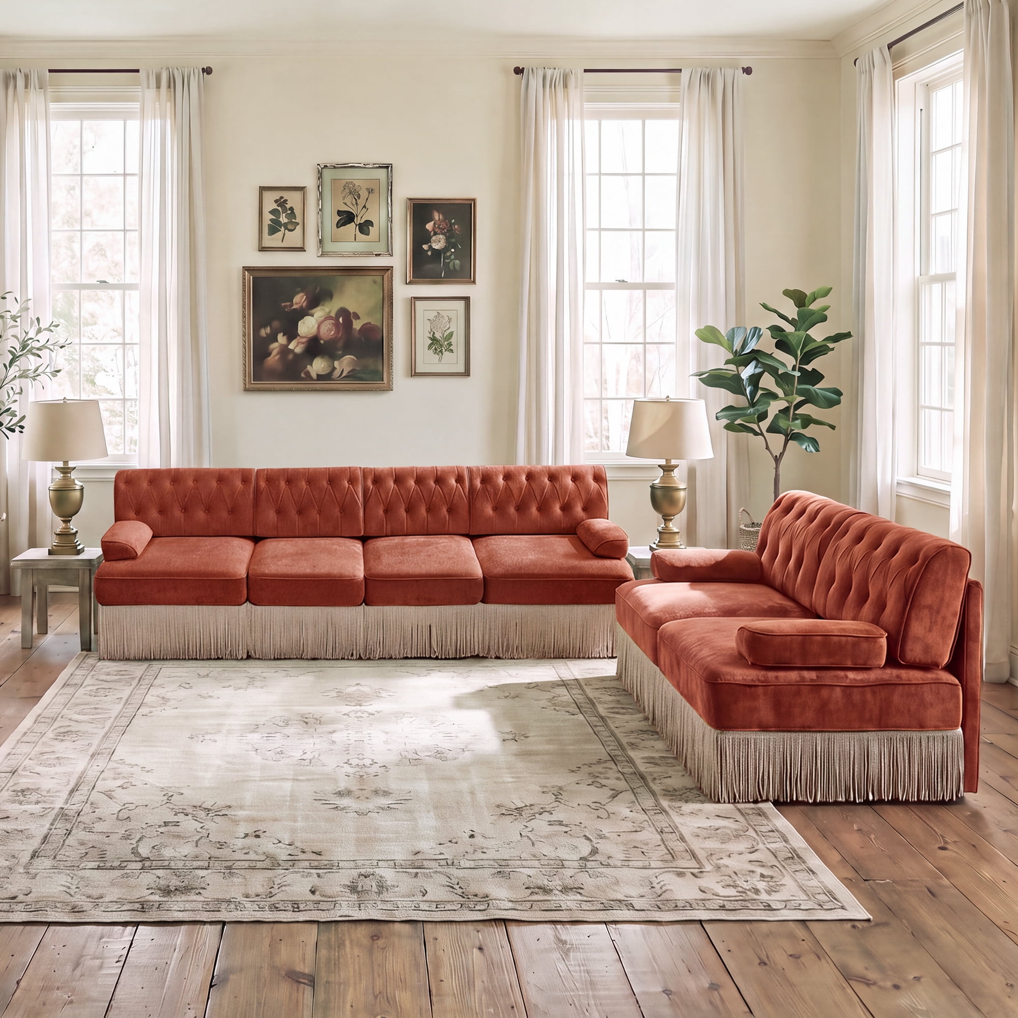 2‑Piece Sectional Sofa Set, 1 Pcs Loveseat & 1 Pcs 135" 4‑Seater Sofa Couch Set with Tassel Skirt