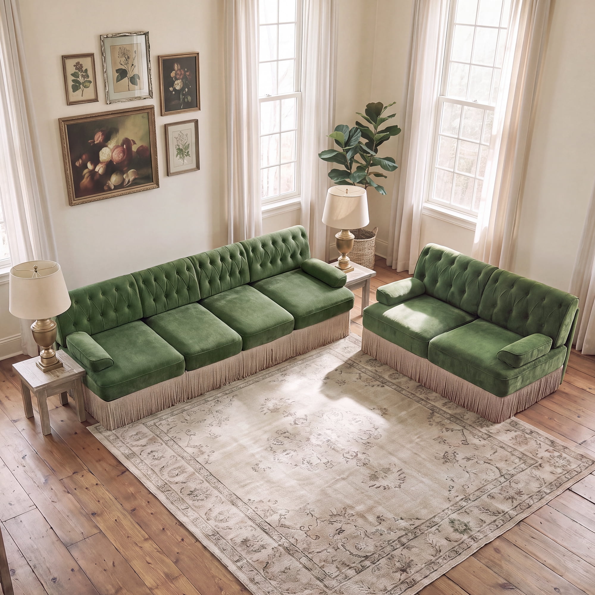 2‑Piece Sectional Sofa Set, 1 Pcs Loveseat & 1 Pcs 135" 4‑Seater Sofa Couch Set with Tassel Skirt