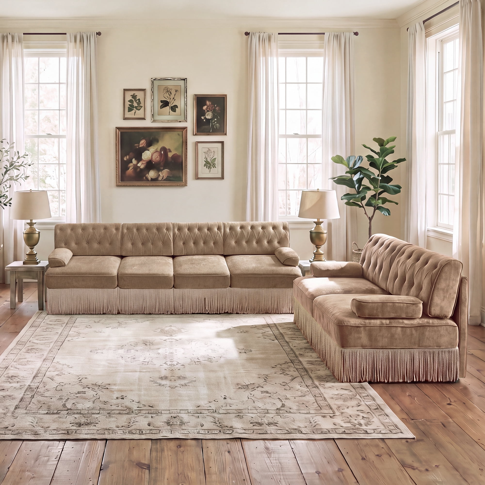 2‑Piece Sectional Sofa Set, 1 Pcs Loveseat & 1 Pcs 135" 4‑Seater Sofa Couch Set with Tassel Skirt