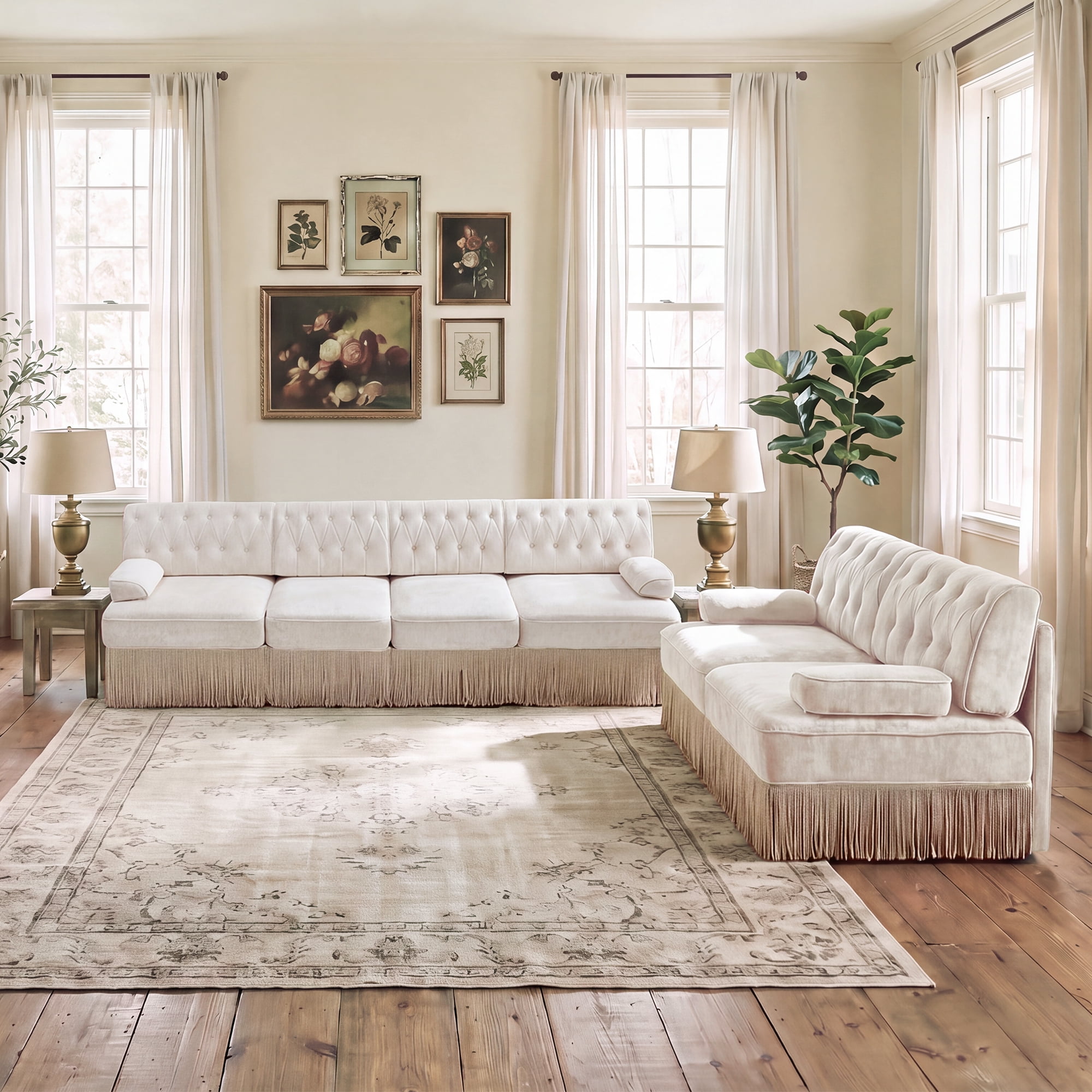 2‑Piece Sectional Sofa Set, 1 Pcs Loveseat & 1 Pcs 135" 4‑Seater Sofa Couch Set with Tassel Skirt