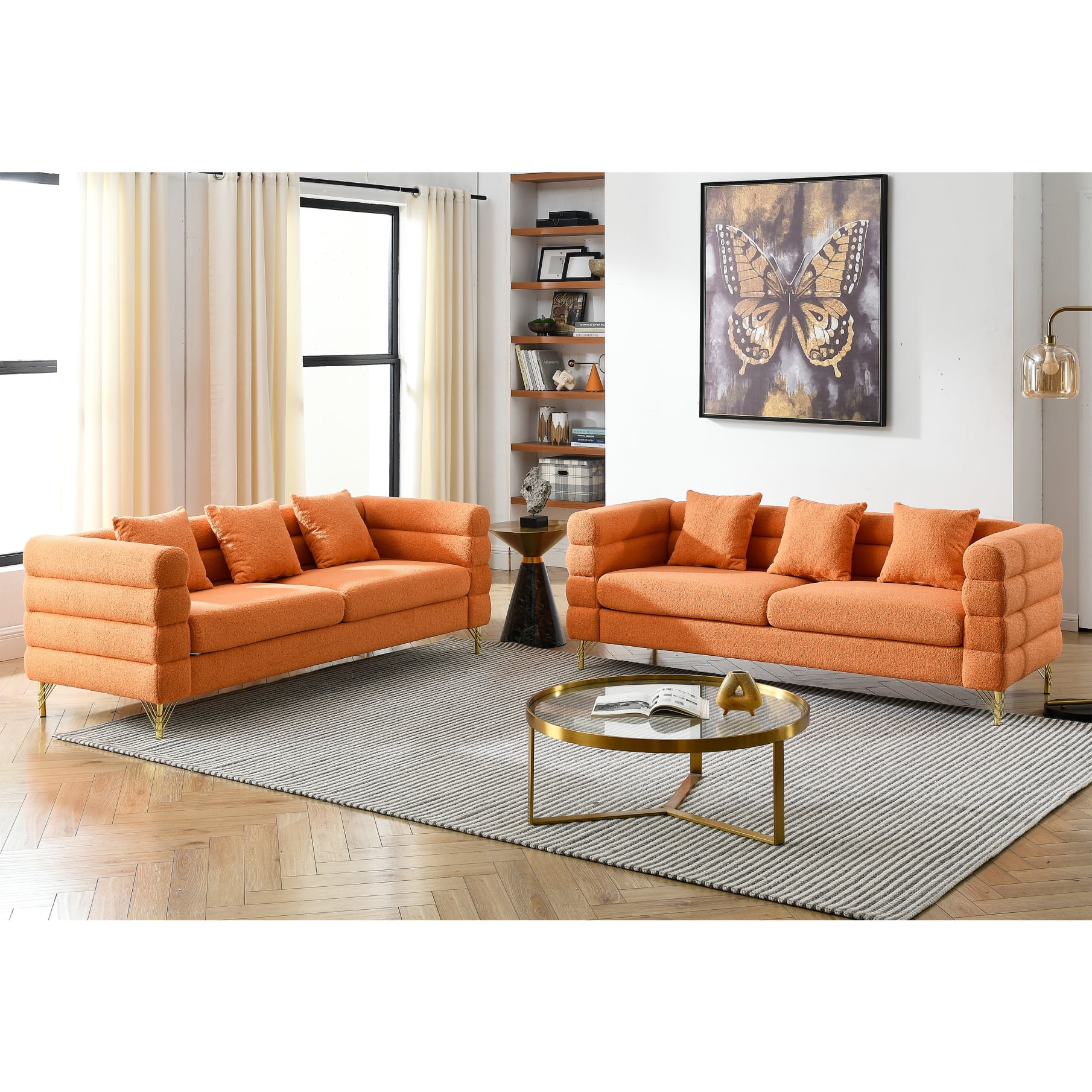 2 Piece Sectional Sofa Set with 2 81 Inches Teddy Sofa Couches 5 Back Pillows and High quality Foams Sectional Sofa with Gold Polished Metal Legs