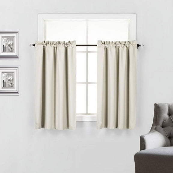 2 Piece Set 100% Blackout Insulated Rod Pocket Kitchen Curtain Tiers for Small Windows 36" Long, Beige