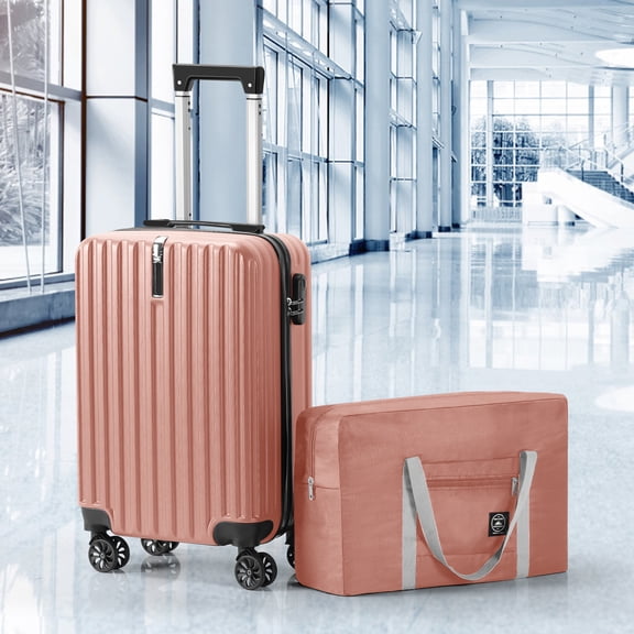 2 Piece Set – 20" Carry On Luggage with Foldable Travel Bag, Lightweight ABS Hardside Suitcase with 360° Spinner Wheels, Pink