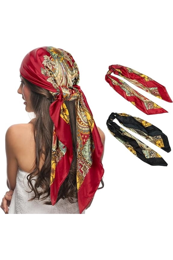 2 Piece Set of 35" Square Hair Scarves, Lightweight Polyester Scarves for Women, Versatile Head Wrap, Neck Scarf or Hair Accessory for Travel, Work and Home Use