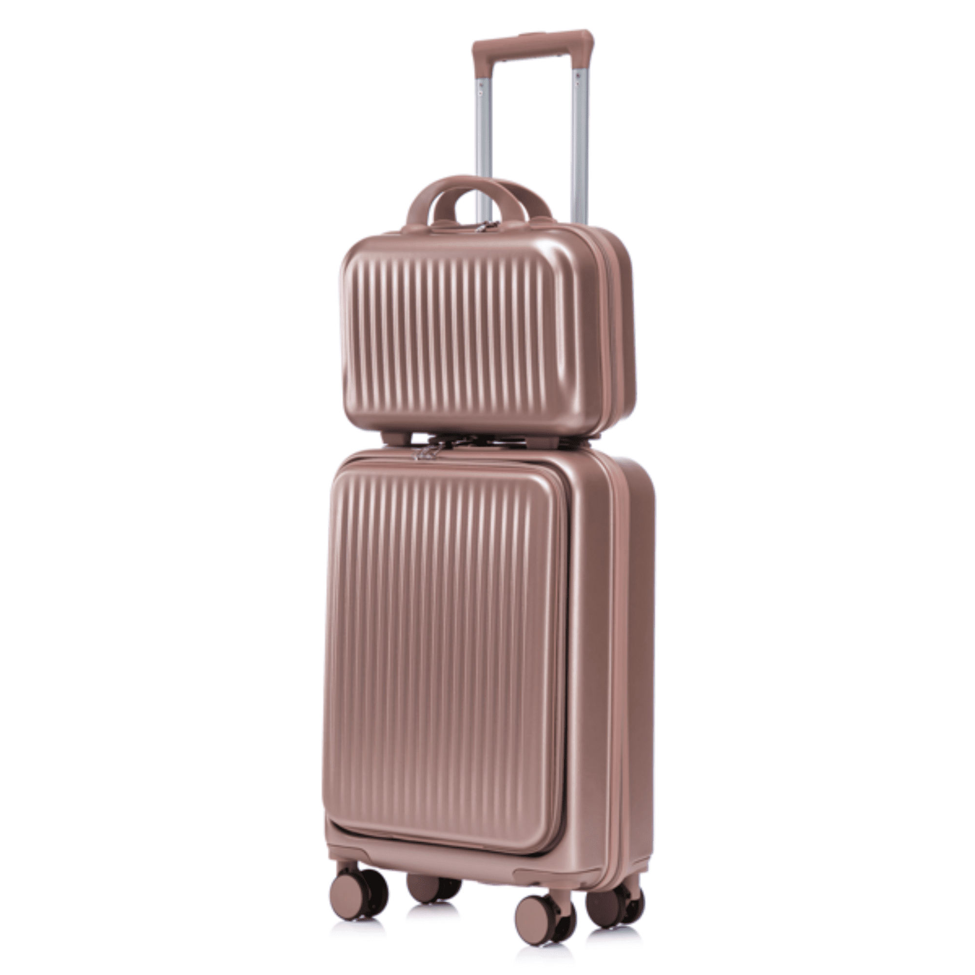 2‑Piece Set ABS Spinner Wheel Luggage, 14" Cosmetic Case & 20" Suitcase, Champagne, Combination Lock with Front Opening Design