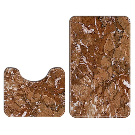 2 Piece Set Bath Rugs Contour Toilet Mat Absorbent Non Slip Backing, Brown Marble Print Bathroom Rug Machine Washable