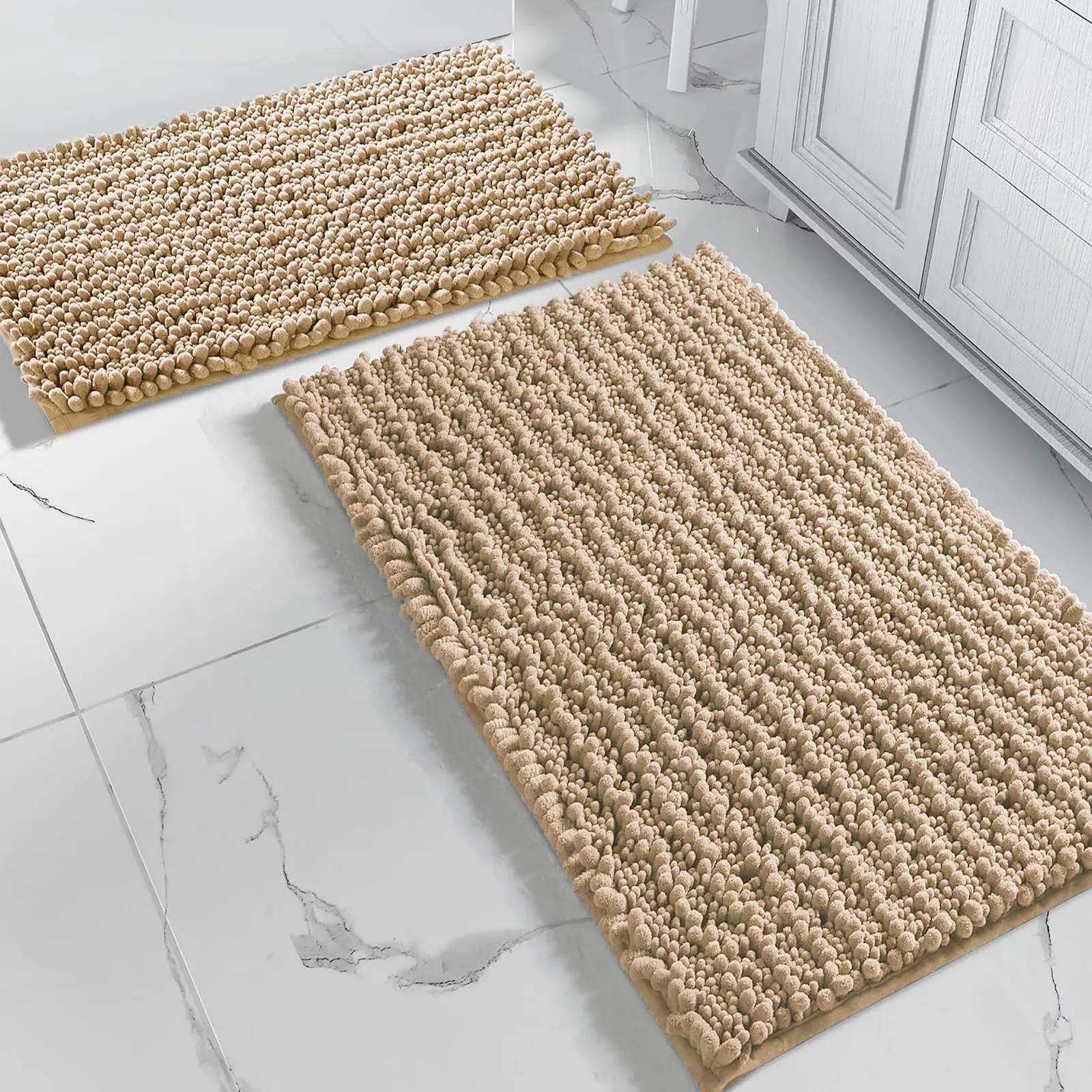 2 Piece Set Beige Soft Cozy Plush Chenille Bath Mat Bathroom Rug
