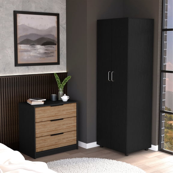2 Piece Set, Black, Particle Board - Easy Assembly with Interlocking Mechanism and Pre - drilled Holes - Bedroom Use - Durable and Sturdy Furniture