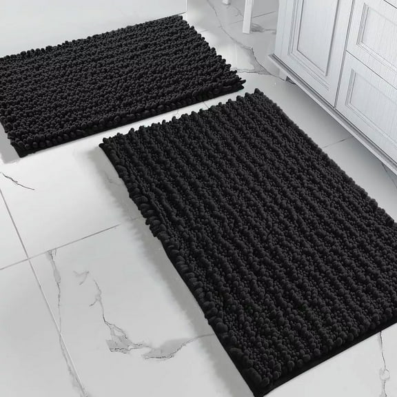 2 Piece Set Black Soft Cozy Plush Chenille Bath Mat Bathroom Rug