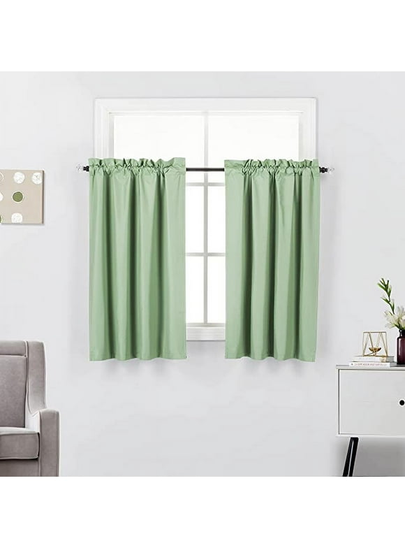 2 Piece Set Blackout Insulated Rod Pocket Kitchen Curtain Tiers for Small Windows 36" Long, Sage