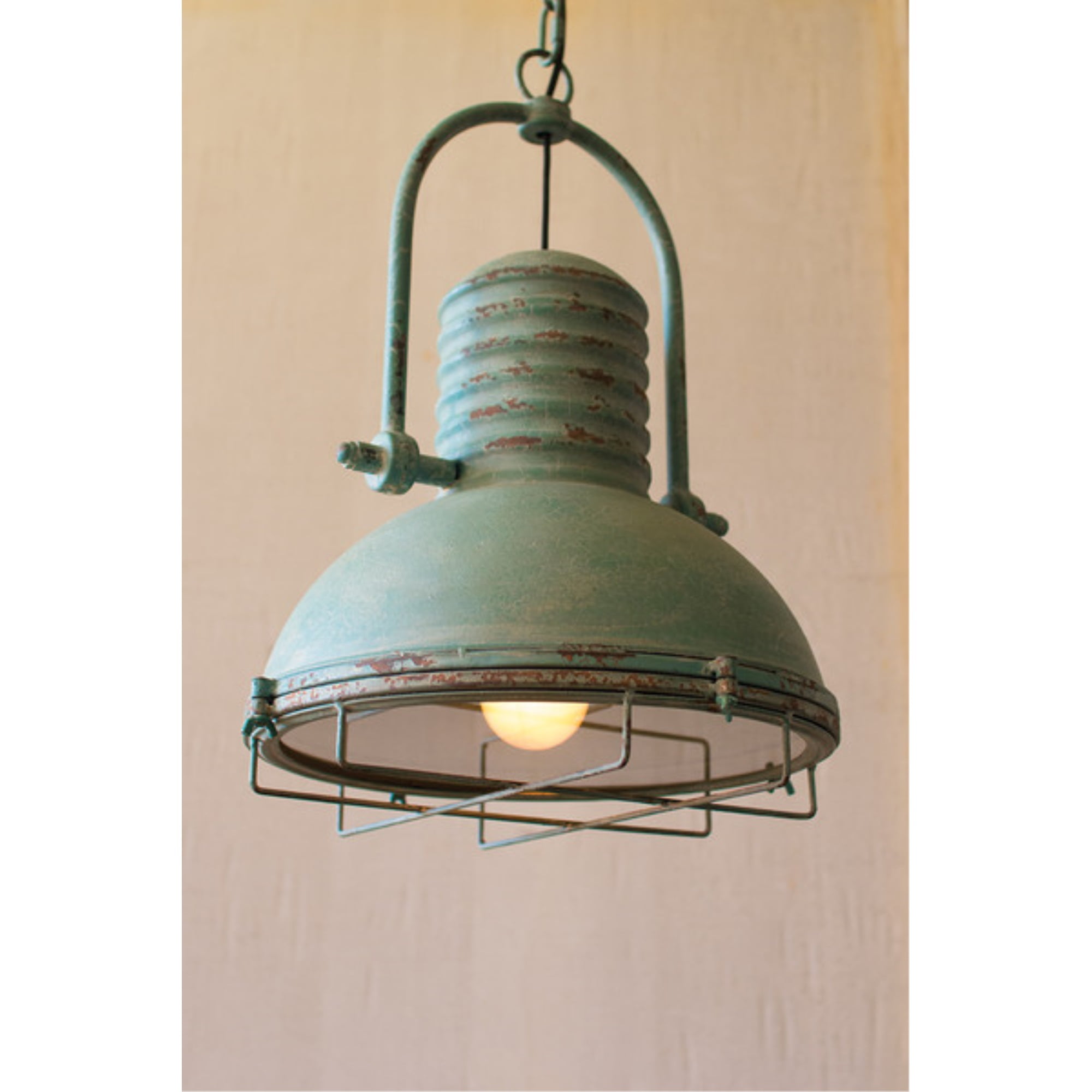 Antique Turquoise Glass and Steel Farmhouse Pendant Light