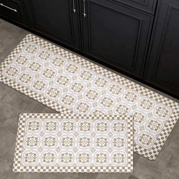 2 Piece Set Boho Kitchen Mats for Floor Bohemian Moroccan Tile Anti Fatigue Kitchen Rugs Vintage Farmhouse Cushioned Kitchen Runners for Standing Waterproof & Non-Skid Comfort, Khaki Tan