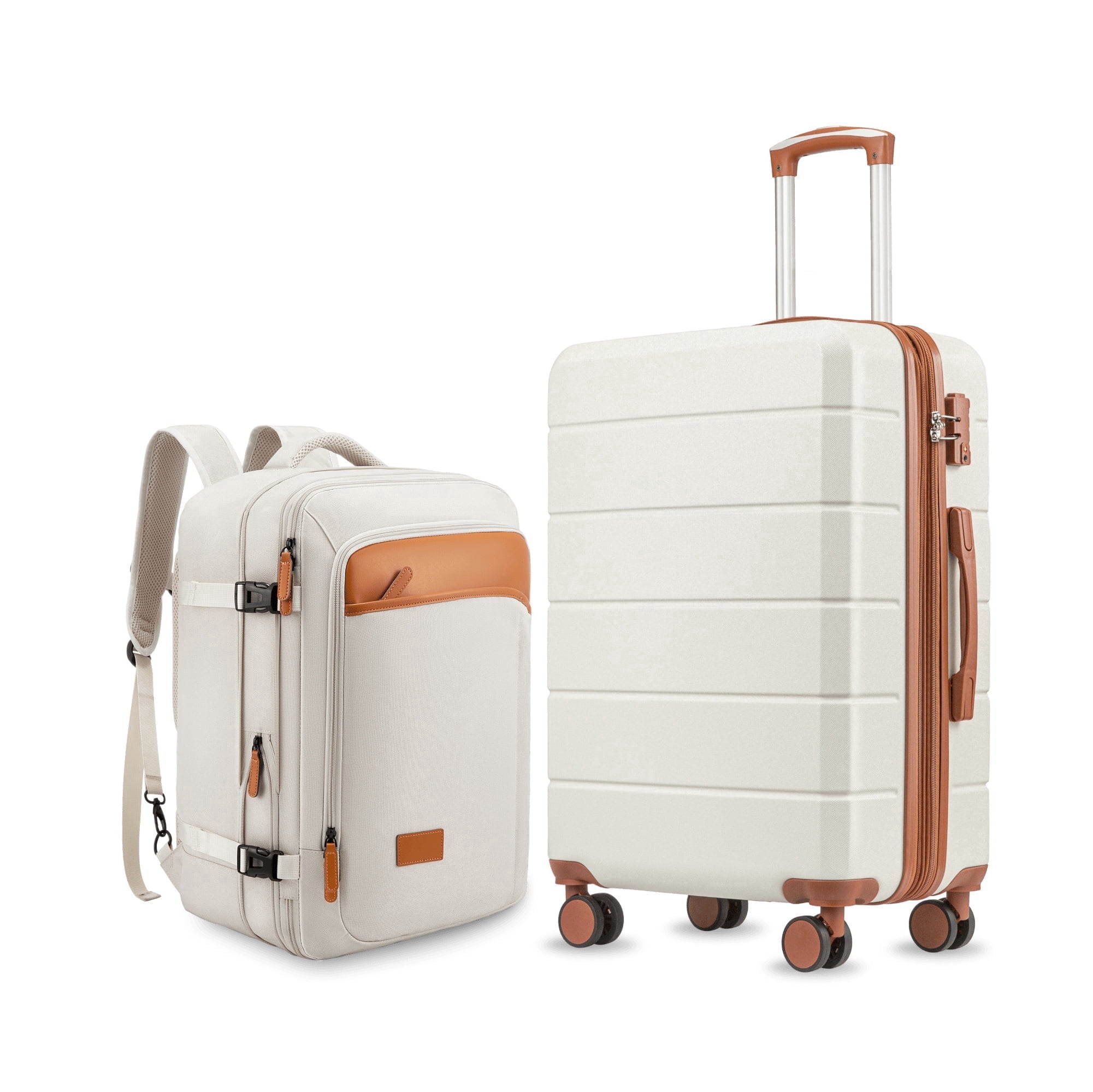 2 Piece Set Carry-on 20inch Hardside Luggage with Travel Backpack,White - EX-Lite