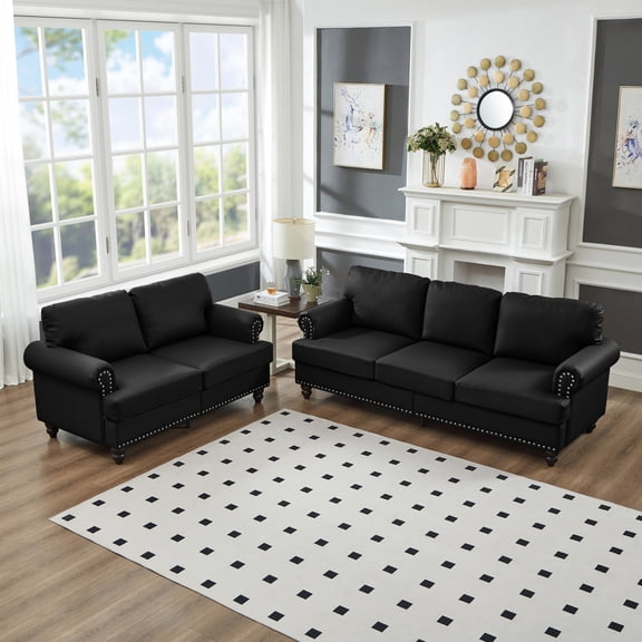 2 Piece Set Comfy Sofa Couch, 3 Seater & Loveseat Sofa with Deep Seats, Modern Upholstered Sleeper Couch with Nails for Living Room, Black