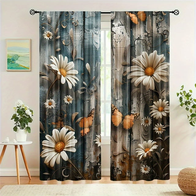 2Piece Set Daisy Sunflower Wooden Barn Design Curtains Rod Pocket For Living Room Kitchen