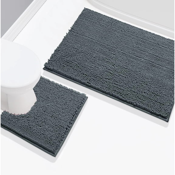2 Piece Set Dark Grey Soft Cozy Plush Chenille Bath Mat Bathroom Rug