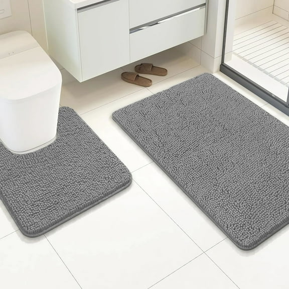 2 Piece Set Dark Grey Soft Cozy Plush Chenille Bath Mat Bathroom Rug
