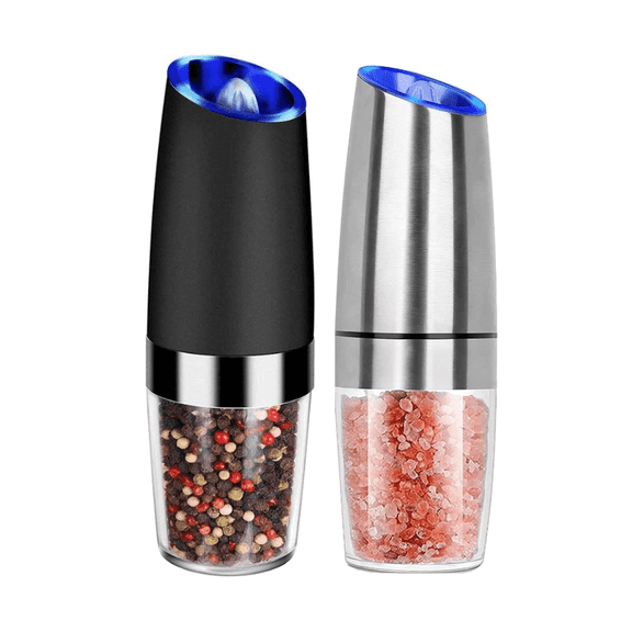 2 Piece Set Electric Salt and Pepper Grinder Set Battery Operated Single-Handed Automatic, Adjustable Coarseness Mill Grinders Shakers LED Light Stainless Steel, Kitchen Gadgets Gifts Ideas
