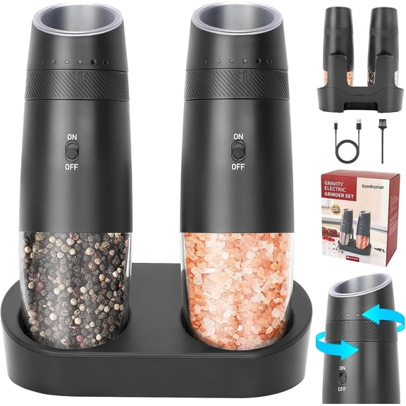 2 Piece Set Electric Salt and Pepper Grinder Set,LED Light Automatic Grinder with Adjustable Coarseness Mill Grinders Stainless Steel for Home Kitchen (Black)