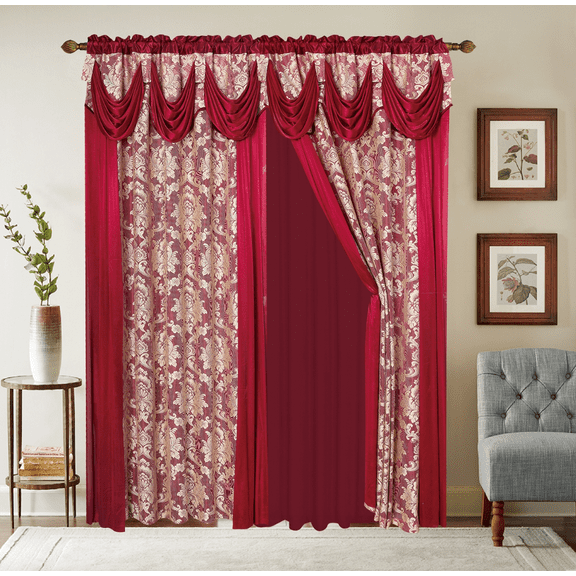 2-Piece Set Embroidery Damask Design Jacquard Attached Valances Decorative Scarf and Tassels Window Curtain Bedroom, Living Room, and Dining Room (108 x 84 inches) Julia