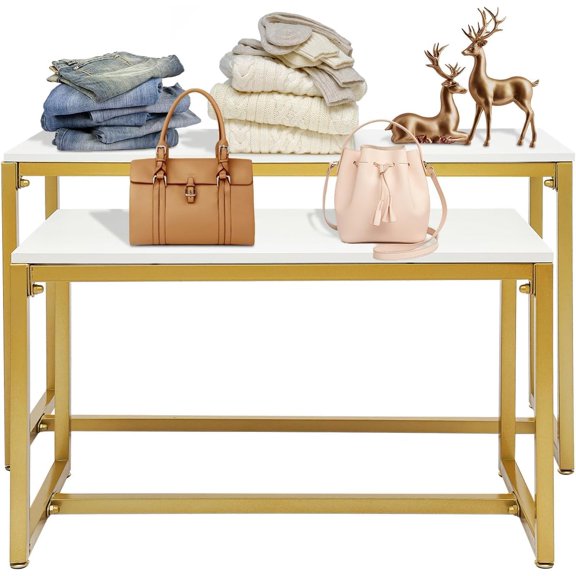 2-Piece Set Gold Modern Nesting Tables, Metal Shoe Handbag Retail Display Racks, Metal Display Riser Shelf for Shoes, Handbags, Home, Clothing Shops, Retail Stores