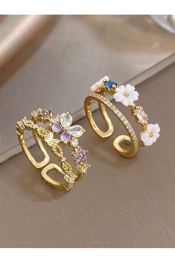 2-Piece Set Goldtone Adjustable Open Ring With Flower Butterfly Design And Cubic Zirconia