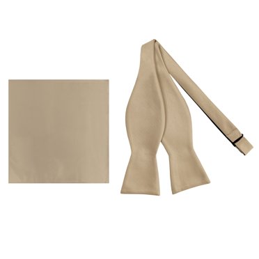 2 Piece Set: Jacob Alexander Men's Silk Blend Solid Freestyle Self-Tie Bow Tie Pocket Square Hanky - Biscotti