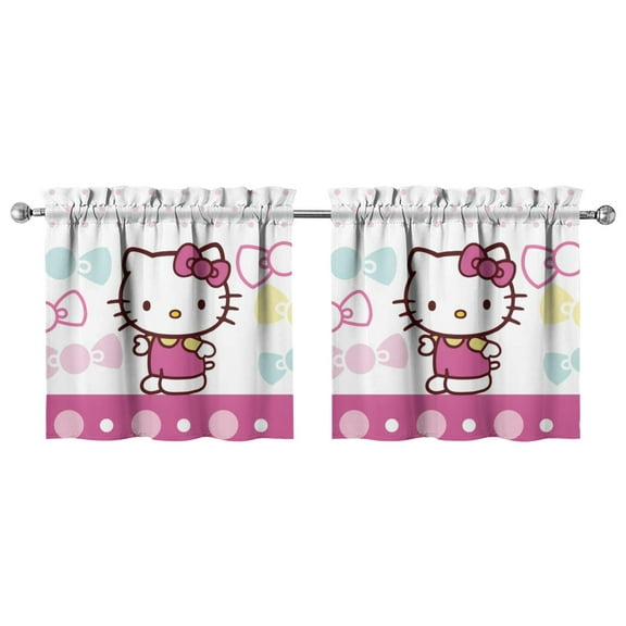 2 Piece Set Kitchen Curtains Small Short Cafe Window Curtains Hello Kawaii Cat Cute Rod Pocket Bathroom Tier Window Treatment Drapes 27.5x24inch