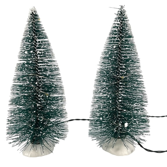 2 Piece Set LED Warm White Lighted Frosted Tip Christmas Tree Figurine 6 Inch