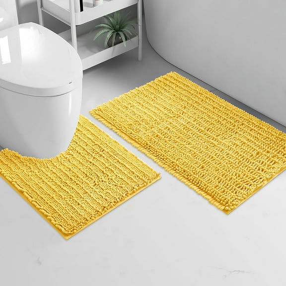 2 Piece Set Lemon Yellow Soft Cozy Plush Chenille Bath Mat Bathroom Rug