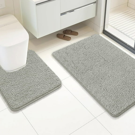 2 Piece Set Light Grey Soft Cozy Plush Chenille Bath Mat Bathroom Rug