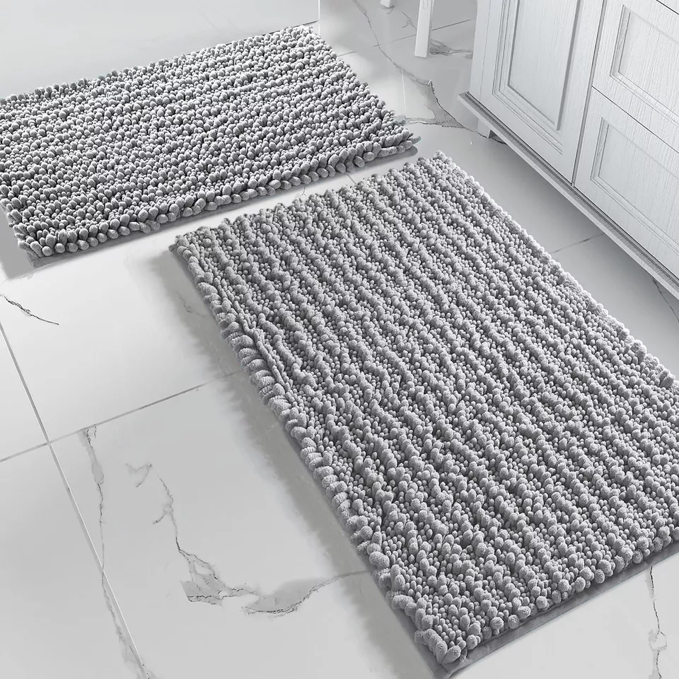 2 Piece Set Light Grey Soft Cozy Plush Chenille Bath Mat Bathroom Rug
