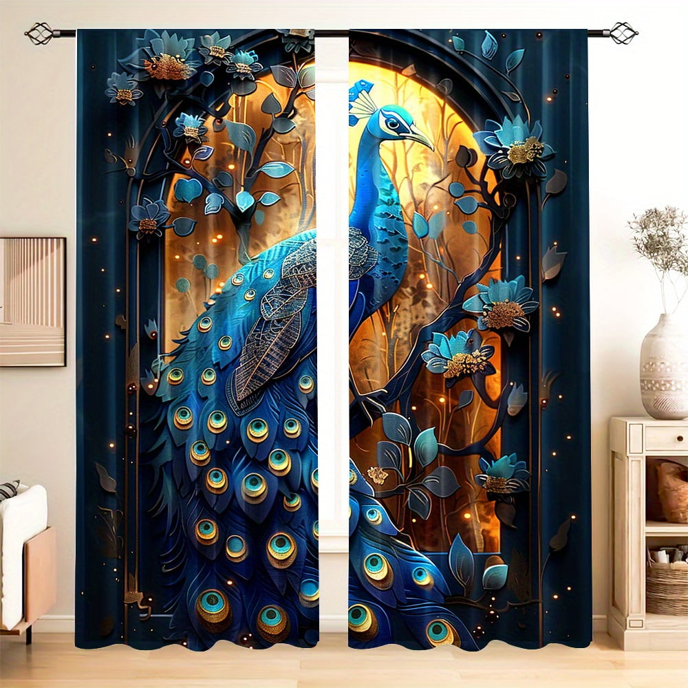 2-Piece Set Luxury Vibrant Blue Green Peacock Print Curtains Rod Pocket ...